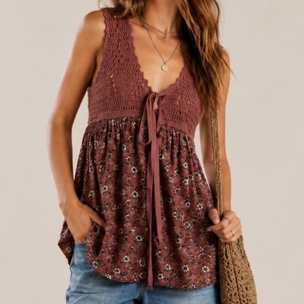 Free People Honey Pie Babydoll Crochet Tank Top, Rosewood Pink XS Floral Boho